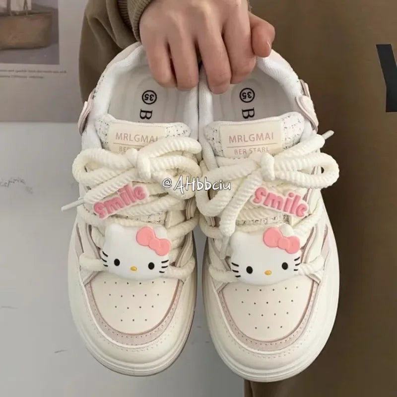 Hello Kitty Soft Girl Cute Big Head Off White Shoes Y2K Platform Sneakers Versatile Skateboard Shoes for Women 2024 New