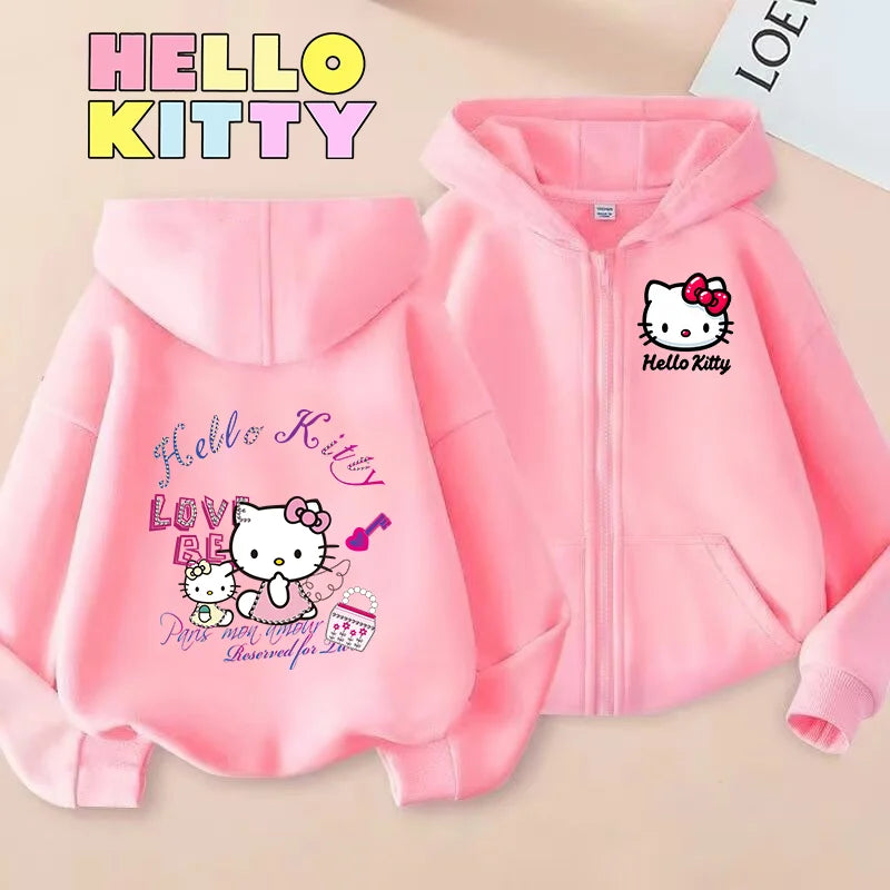 Hello Kitty Zipper Hoodies Girls Sweatshirt Autumn and Winter Long Sleeve Harajuku Pullovers Casual Hooded Tops Birthday Gift