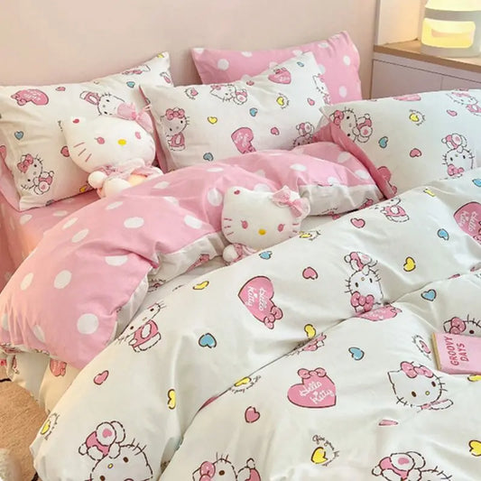 4Pcs/set Kawaii Anime Cartoon Hello Kitty Bedding Quilt Cover Student Bedding Soft Microfiber Bedspread Lightweight Coverlet