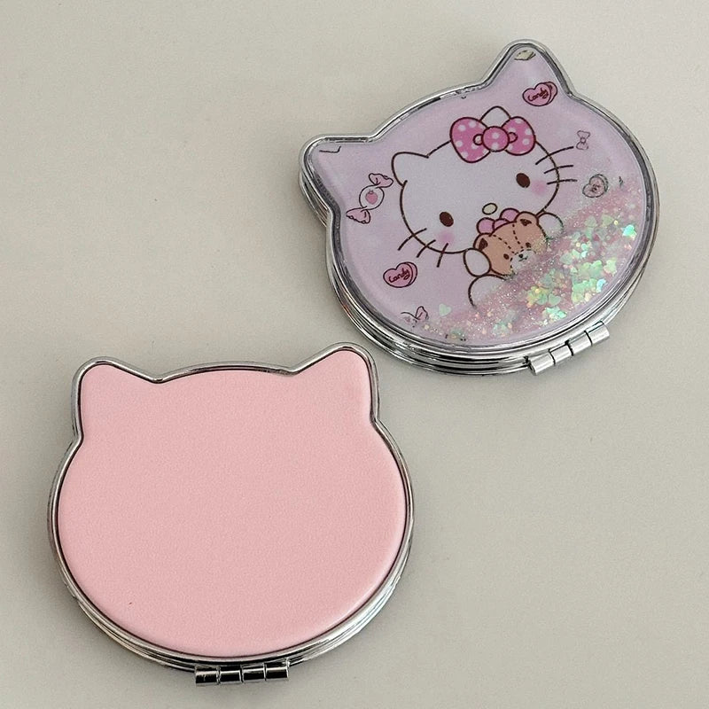 Kawaii Hello Kitty Double-Sided Makeup Mirror Portable Quicksand Sequins Cartoon Girl Gift Pocket Double-Sided Makeup Mirror