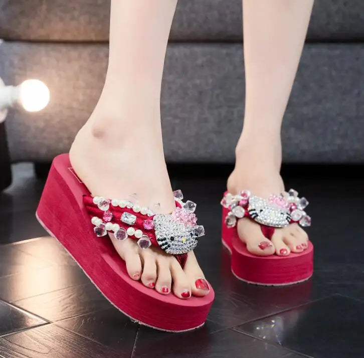 Kawaii Hello Kitty Soft Flip Flop Sandals Beach Slides Shoes Women Casual Wedge High Heels Platform Slippers Ladies