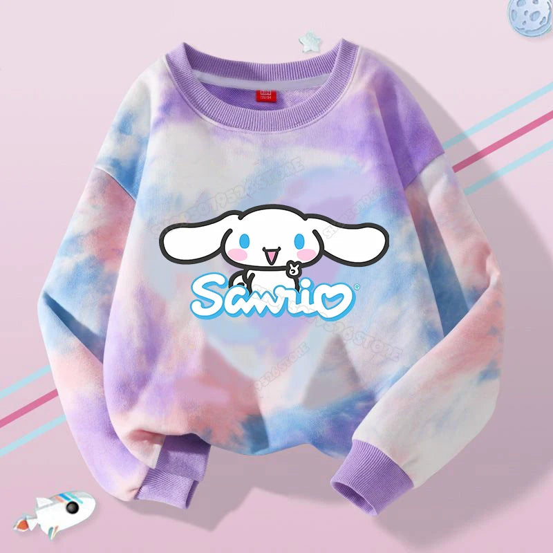 Hello Kitty Kuromi Cute Print Sweatshirts Girl Clothes Autumn Trend Tie Dyed Round Neck Pattern Children Pullover Long Sleeves