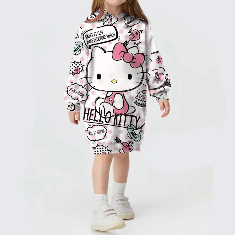 Girls Hooded Dress for Autumn Winter Kids Hello Kitty Kuromi print Dress Girl Striped Long Sleeve Clothes Kids Hoodies Dresses