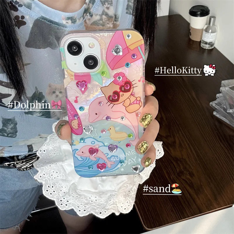 Hello Kitty Sunglasses Pink dolphin rhinestone Phone Case For iPhone 15 14 13 12 11 Pro Max case cute cartoon Sweet Cover