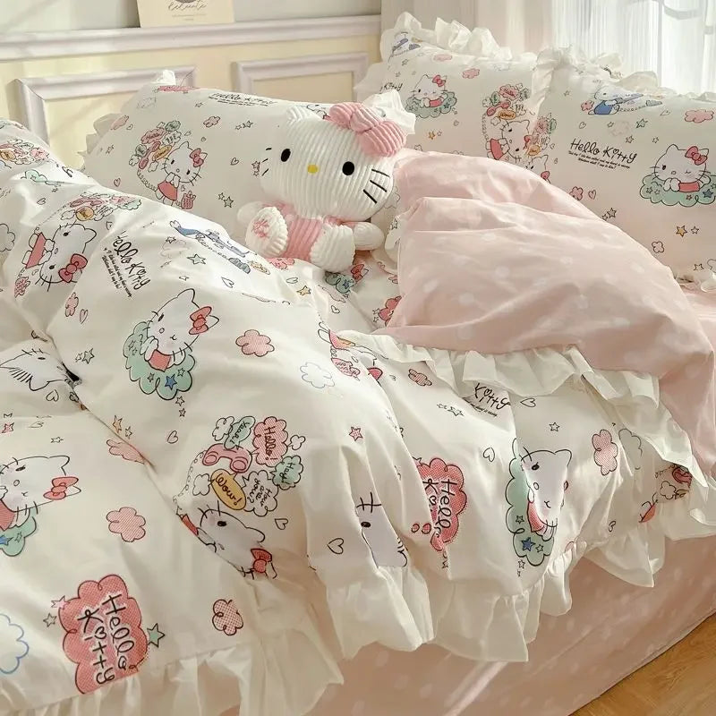 Hello Kitty Cinnamoroll My melody Kuromi new cute cartoon active printing pure cotton edge quilt cover bed sheet three-piece set