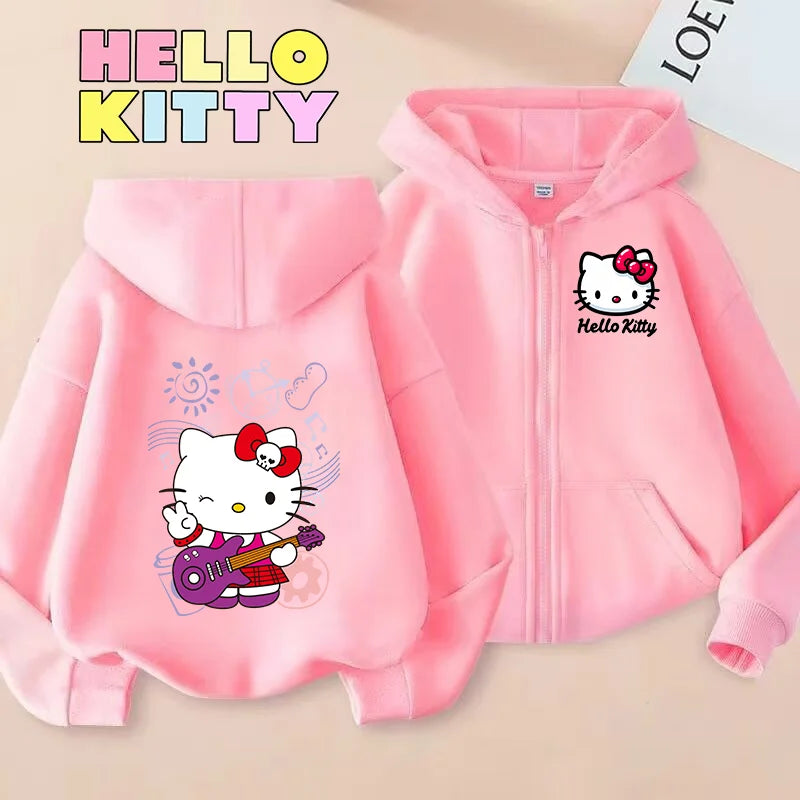 Hello Kitty Zipper Hoodies Girls Sweatshirt Autumn and Winter Long Sleeve Harajuku Pullovers Casual Hooded Tops Birthday Gift