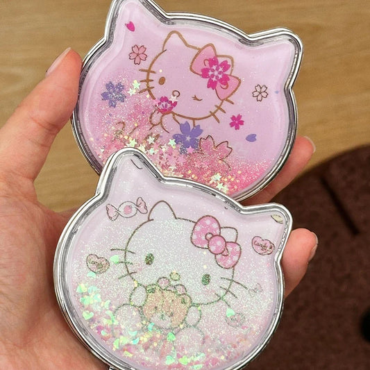 Kawaii Hello Kitty Double-Sided Makeup Mirror Portable Quicksand Sequins Cartoon Girl Gift Pocket Double-Sided Makeup Mirror