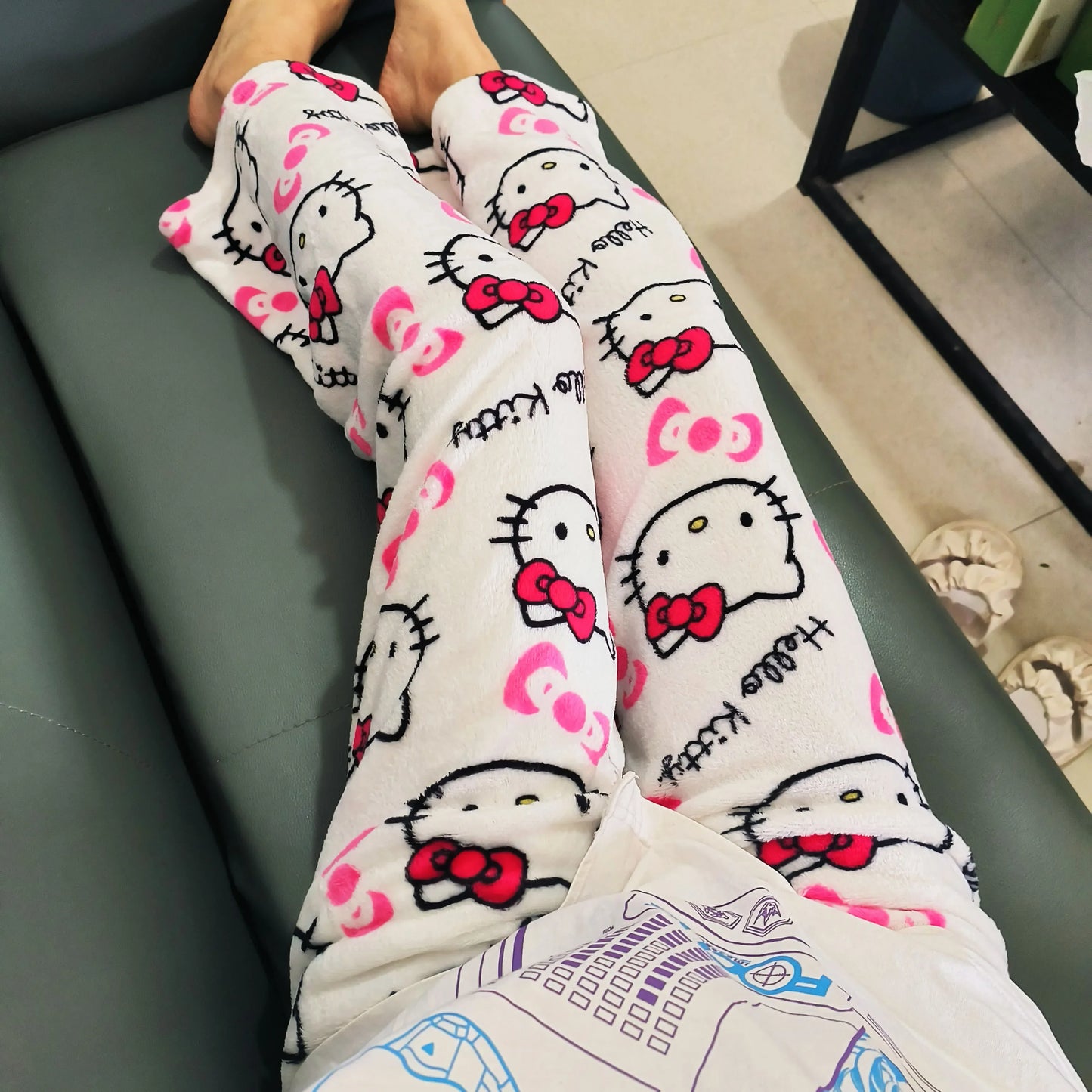 Thicken Hello Kitty Pajama Pants Sanrio Anime Fleece Double Elastic Fabric Soft Trousers Women Trousers Cartoon Birthday Gift