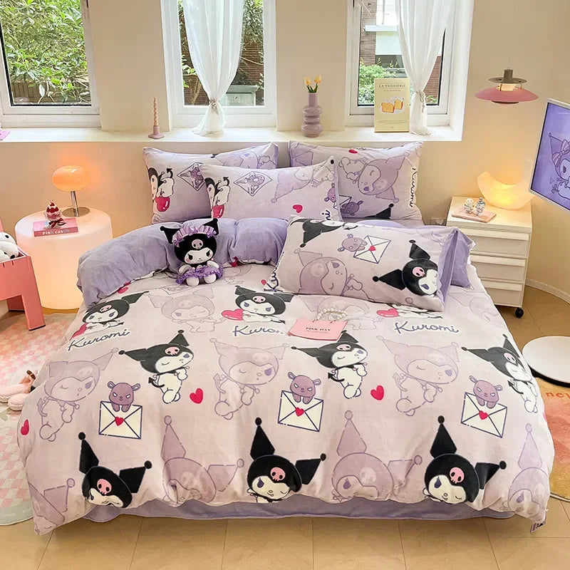 Winter Milk Velvet Bedding Set Hello Kitty Melody Kuromi Thickening Warm Flannel Queen Duvet Cover Bed Sheet Pillowcase