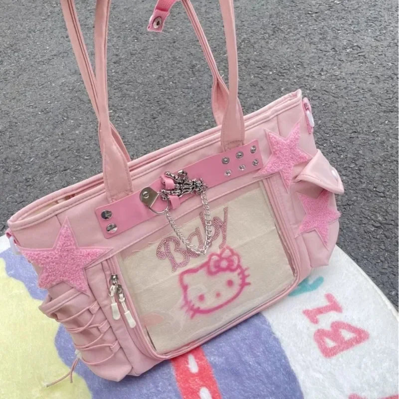 Hello Kitty Womens Tote Bag Canvas Large Capacity Pink Patchwork Shoulder Bag Casual Chain Sweet Fashion Ladies Handbag