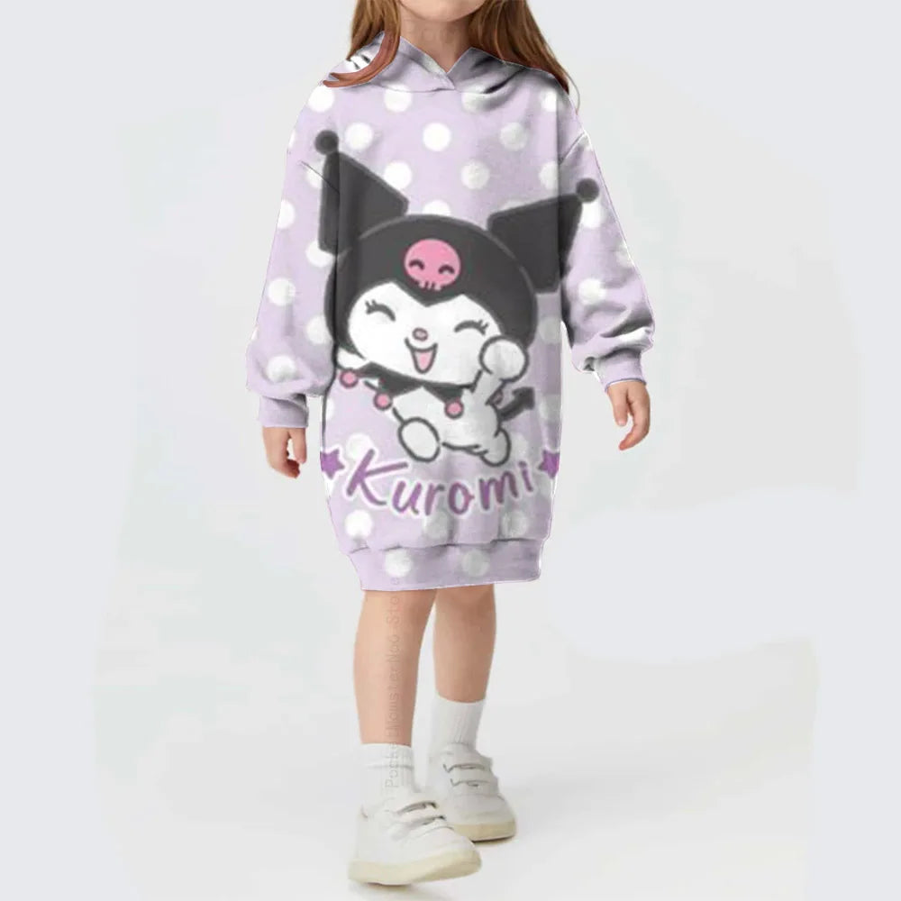 Winter Autumn Kids Girl Dress Hooded Children's Clothing Hello Kitty Kuromi print Loose Dress Long Sleeve Toddler Girl Outerwear