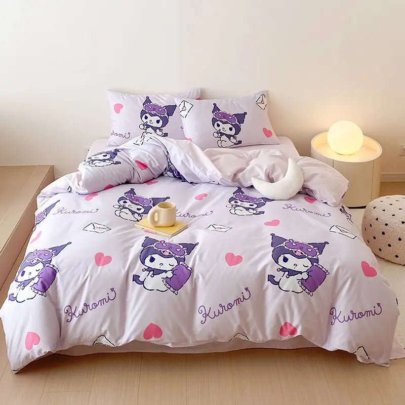 Kawaii Soft Bedding Kuromi Cinnamoroll Cartoon Cotton Student Home four-piece set Bed Sheet Quilt Cover Bed Accessories