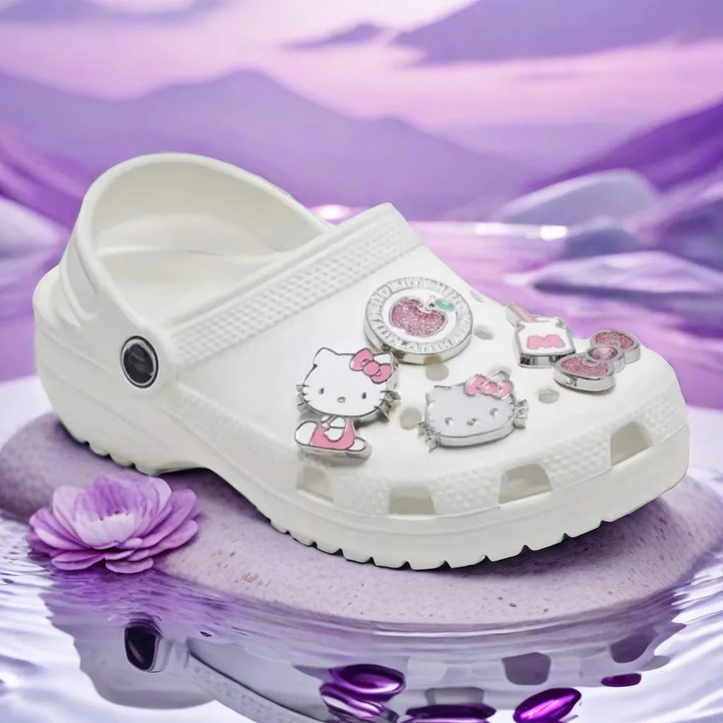 New Kawaii Hello Kitty Shoe Charms metal DIY Sandals for Kids Gifts Pink hole shoes flower accessories Hot selling