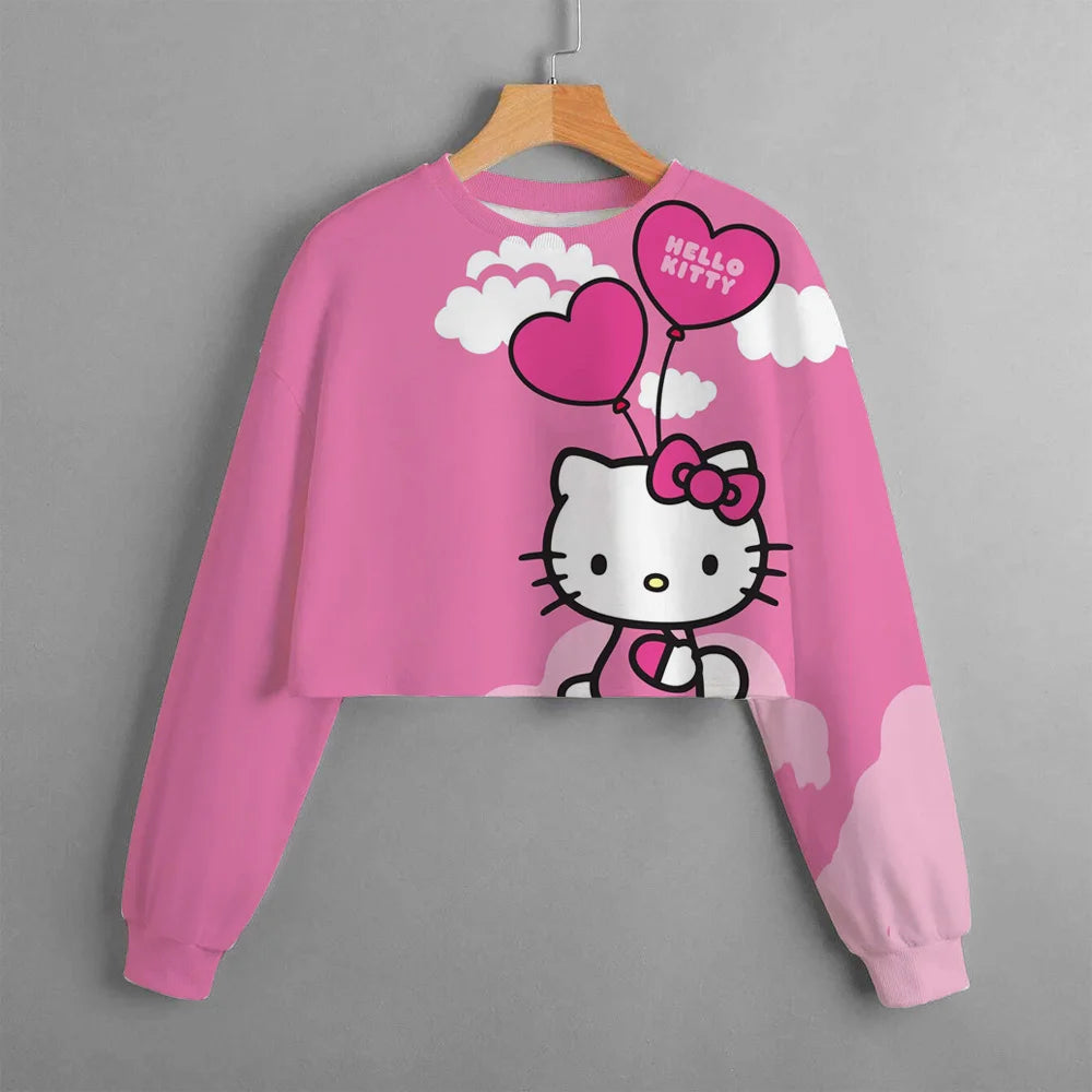 Girls' Short O Neck Long Sleeve Top Hello Kitty Cartoon Balloon Print Girls' Clothing Spring And Autumn Pullover Casual Children