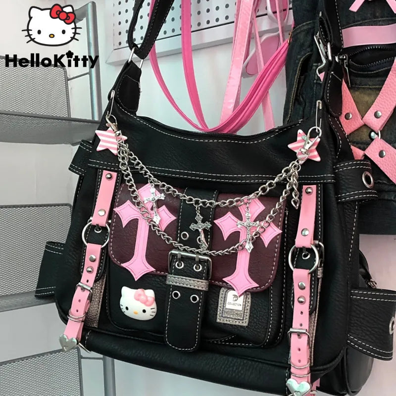 Hello Kitty Gothic Punk Vintage Pink Crossbody Bags for Women Hot Girl Handbag Y2k Trend School Zipper Tote Bag