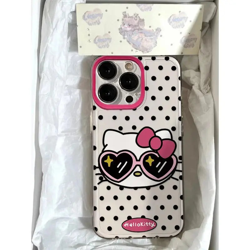 New Hello Kitty Full Screen KT Phone Case For iPhone 16 15 14 13 12 11 ProMax XR XS MAX 7 8Plus Y2K Cool Sunglasses Cover