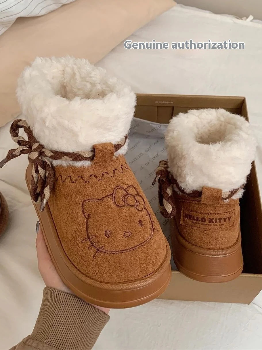 Hello Kitty Snow Winter Girl Plush Snow Booties Keep Warm Slippers Shoes Non-Slip Sneaker Outdoor Warmth Snow Boot