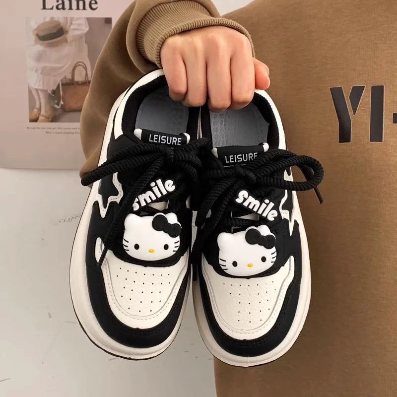 Cartoon Hello Kitty Black White Loafers Women Kawaii Girls Lolita Shoes Versatile Platform Shoes Skateboard Sneakers 2000s