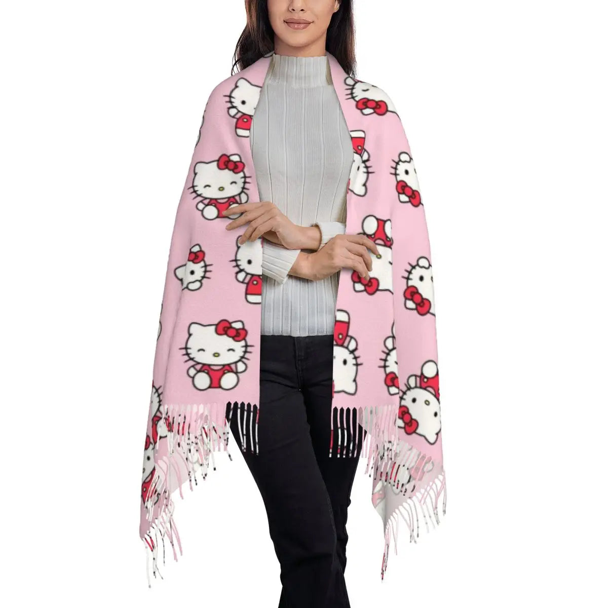 Customized Lady Long Hello Kitty Pattern Scarves Women Winter Fall Thick Warm Tassel Shawl Wraps Sanrio Scarf