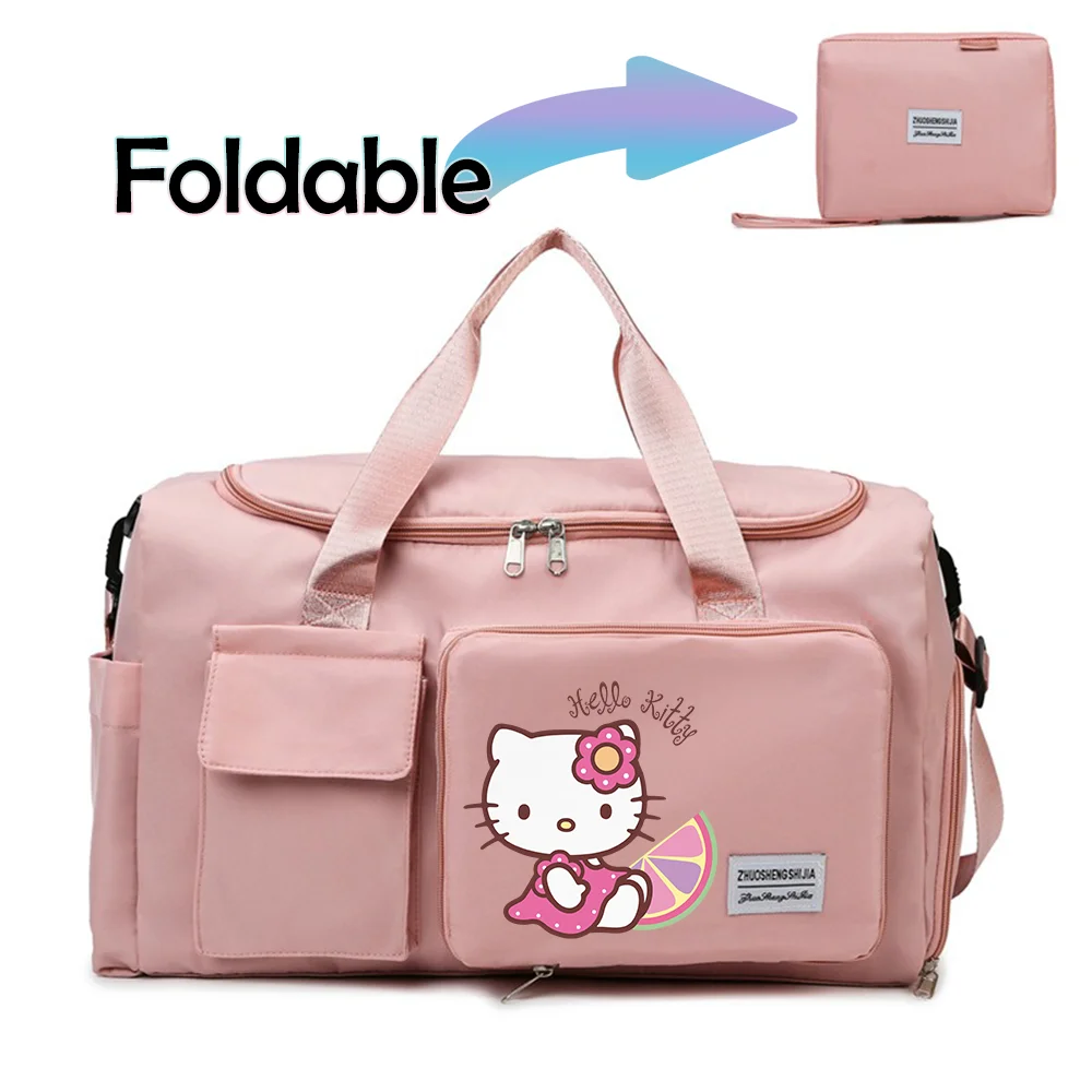 Hello Kitty Cartoon Travel Bag Large Capacity Storage Shoulder Bags Gym Duffle Pack with Shoe Compartment Portable HandBag