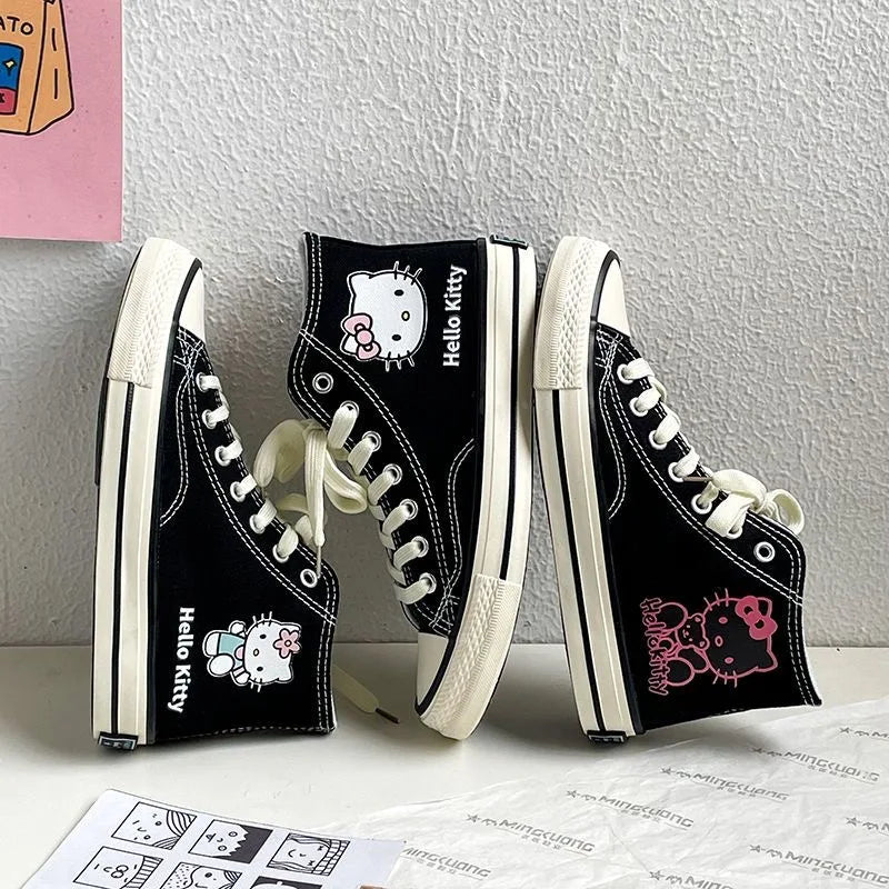 Hello Kitty High Top Canvas Shoes Student Cartoon Graffiti Skateboard Shoes Kawaii Girls Preppy Style Versatile Sneakers