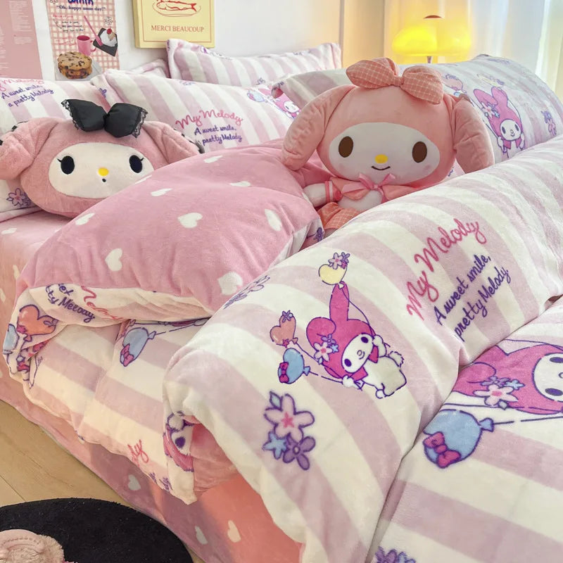 Double Sided Velvet Bedding Set Melody Kuromi Hello Kitty Winter Flannel Single Double Queen King Quilt Cover Bed Sheet