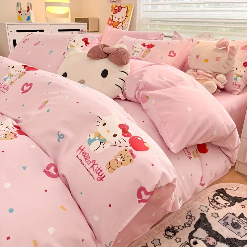 Hello Kitty Pink Girl Duvet Cover Cartoon Anime Bedding Set for Bedroom Decoration Best Gifts for Women Teens Queen King Size