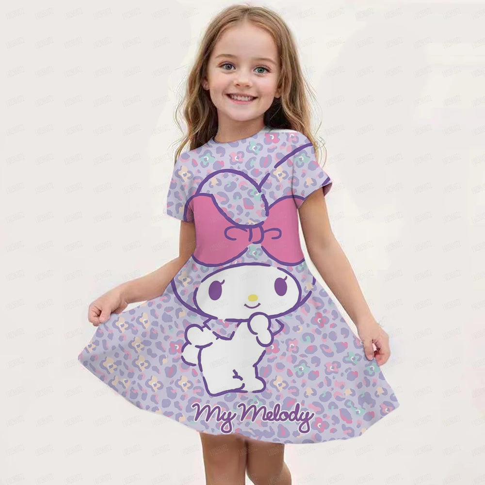 Hello kitty Kuromi Summer Dress Girl Dresses Children Dresses Miniso Cosplay 3d Cartoon Print Cute 2024 Girl Clothing Vestidos