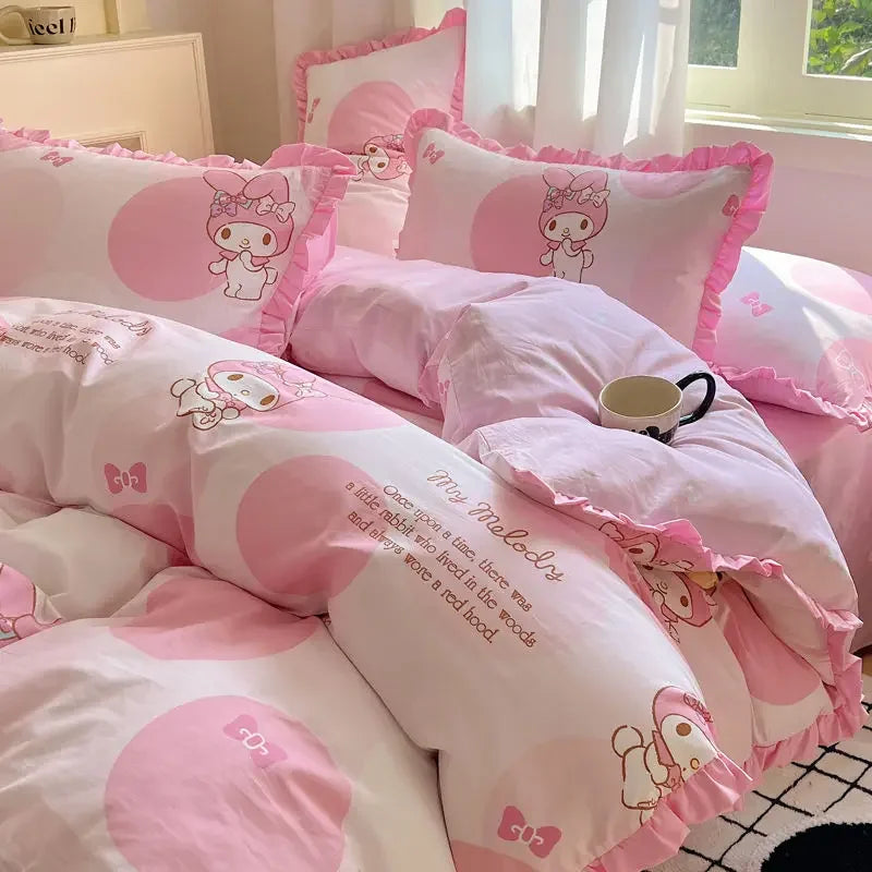 Hello Kitty Cinnamoroll My melody Kuromi new cute cartoon active printing pure cotton edge quilt cover bed sheet three-piece set