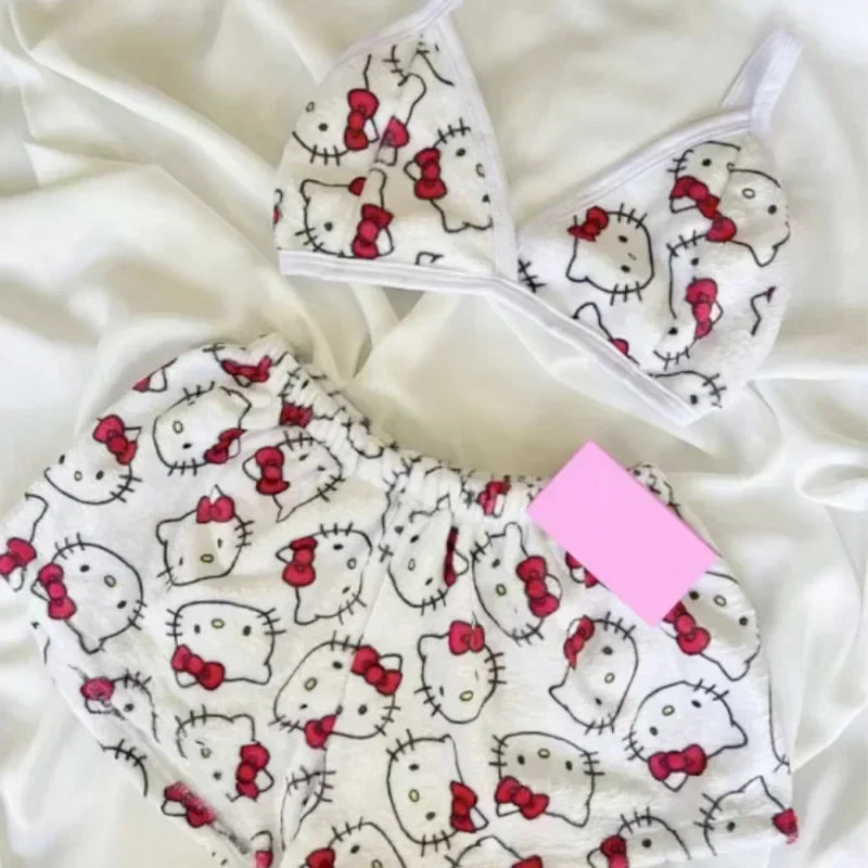 Hello Kitty Sanrio Loose Ladies Pajamas Cartoon Sleeping Background Family Lounge Women's Beach Wear 2 Pieces Summer