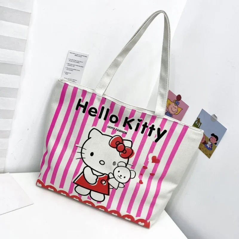 Hello Kitty Tote Bag Cartoon Shoulder Bags Large Capacity Canvas Bags Student Book Storage Zipper Handbag Girl Beach Bag