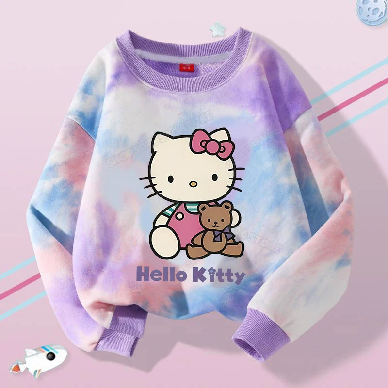 Hello Kitty Kuromi Cute Print Sweatshirts Girl Clothes Autumn Trend Tie Dyed Round Neck Pattern Children Pullover Long Sleeves