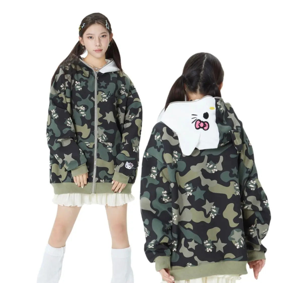 Hello Kitty Y2K Jacket Zipper Cardigan Hoodie Camouflage Blouse Sweatshirts Autumn Long Sleeve Sweater Jacket for Female