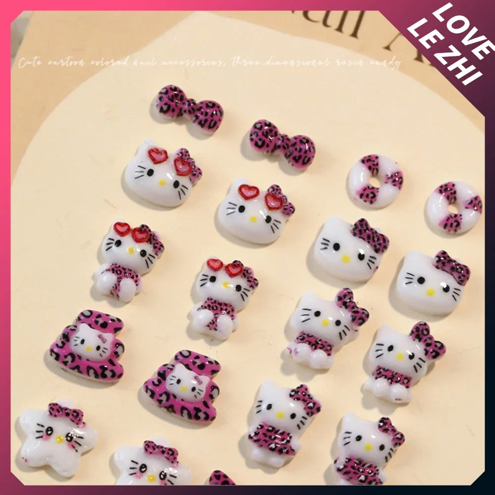 20 PCS Cartoon Leopard Print Hello Kitty Nail Tips Charms Ornament Acrylic Diy Sunglasses Bowknot Party Sticker Nail Accessories