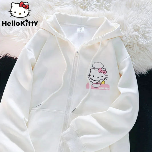 Anime Cute Printed Hoodies Women Cartoon Hello Kitty Y2k Korean Students Loose Sweatshirt Fashion Sweet Cardigan Clothing