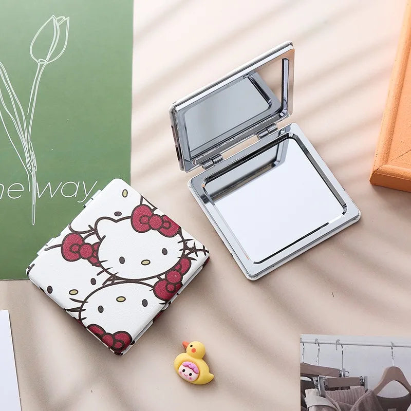 Kawaii Makeup Mirrors Hello Kitty Cartoon Ins Double-sided Mirror Frame PU Leather Cover Carry Folding Mirror Gift