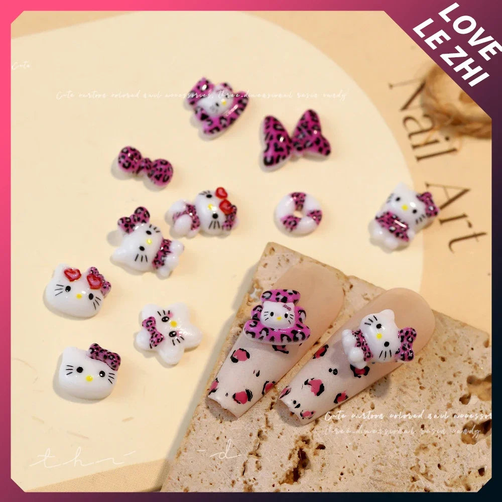 20 PCS Cartoon Leopard Print Hello Kitty Nail Tips Charms Ornament Acrylic Diy Sunglasses Bowknot Party Sticker Nail Accessories