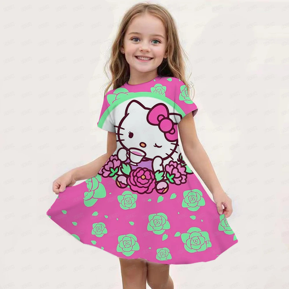 Hello kitty Kuromi Summer Dress Girl Dresses Children Dresses Miniso Cosplay 3d Cartoon Print Cute 2024 Girl Clothing Vestidos