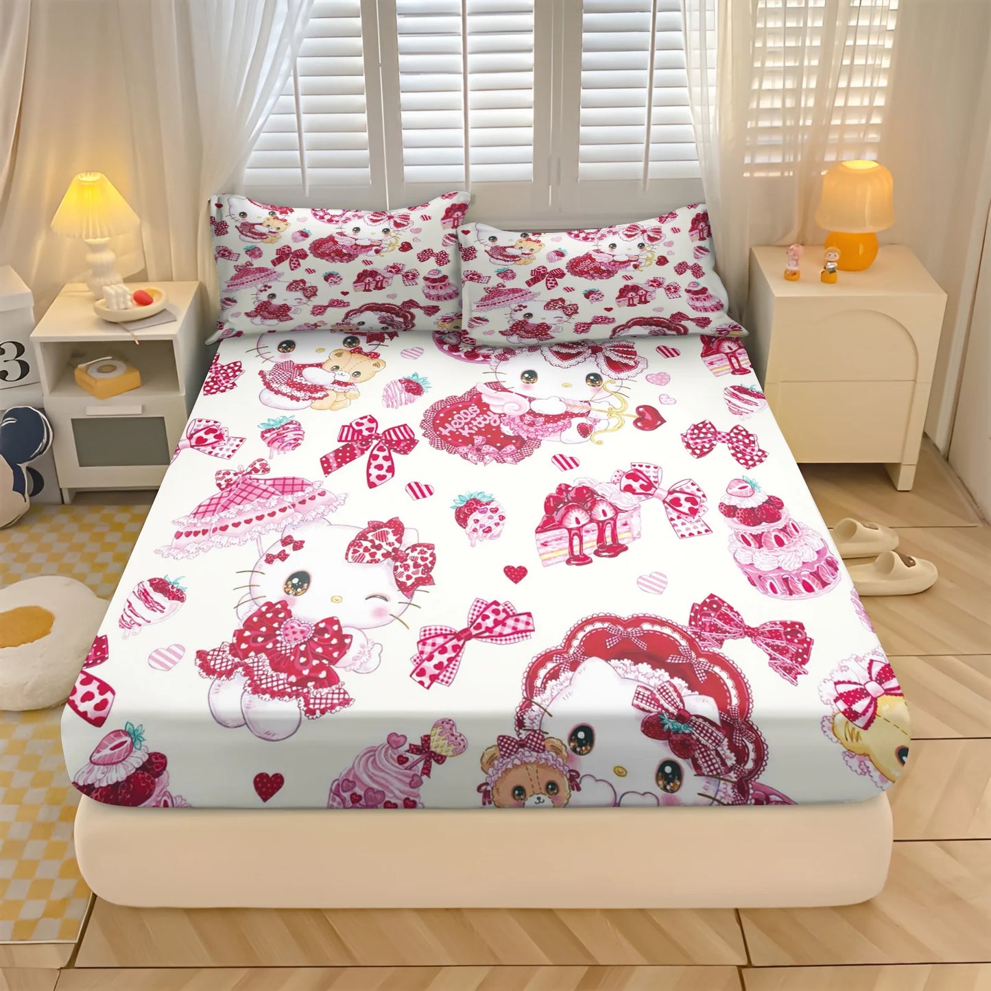 Sanlio, Kuromi Hello kitty 100% Polyester With Pillowcas Bedding Set  Fitted Sheet Bed Cover Full 3D Printed Children'S