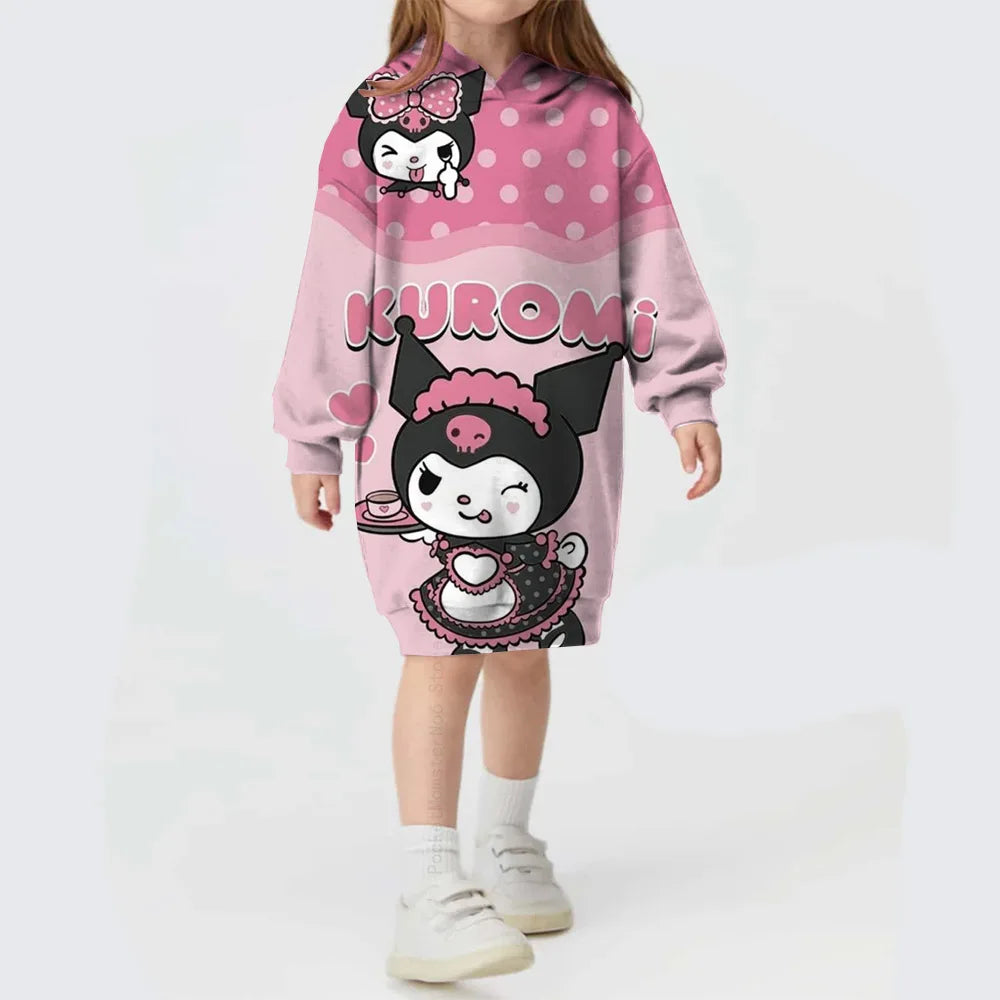 Autumn/winter Children's Hello Kitty Kuromi print Sweater Clothes Suit Hooded Solid Color Fashion Sweater Dress Comfortable