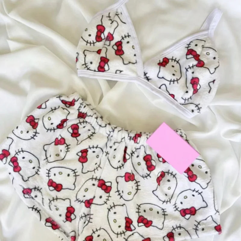 Hello Kitty Sanrio Loose Ladies Pajamas Cartoon Sleeping Background Family Lounge Women's Beach Wear 2 Pieces Summer