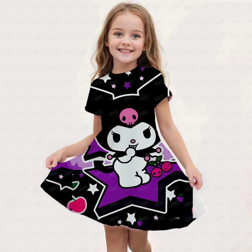 Hello kitty Kuromi Summer Dress Girl Dresses Children Dresses Miniso Cosplay 3d Cartoon Print Cute 2024 Girl Clothing Vestidos