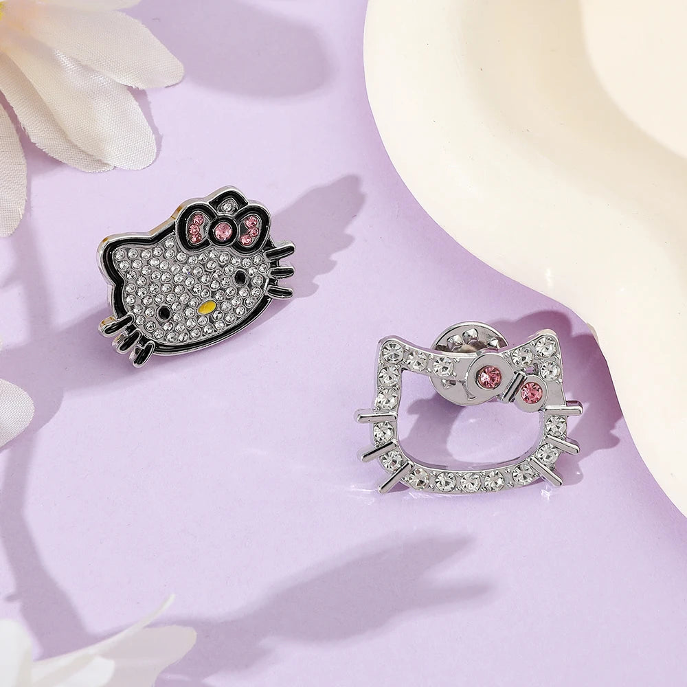 2 Pcs Cartoon Animal Brooch Set Elegant Rhinestone Hello Kitty Pin Fashionable Cat Metal Badge Jewelry Backpack Clothing