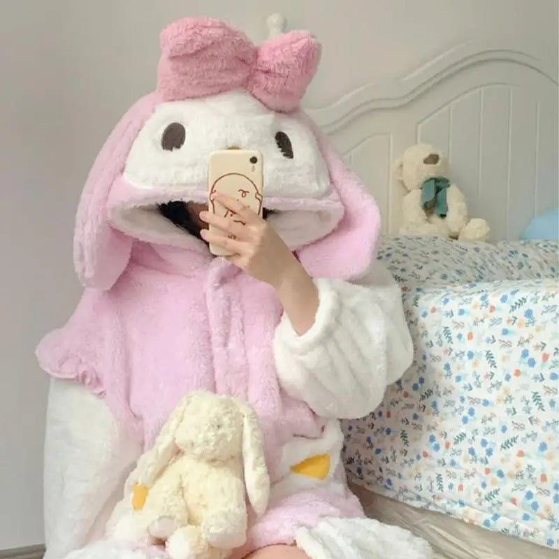 Pajamas Anime My Melody Hooded Nightgown Pants Girl Plus Velvet Nightgown Loose Thicken Child Pajamas Wholesale Tracksuit