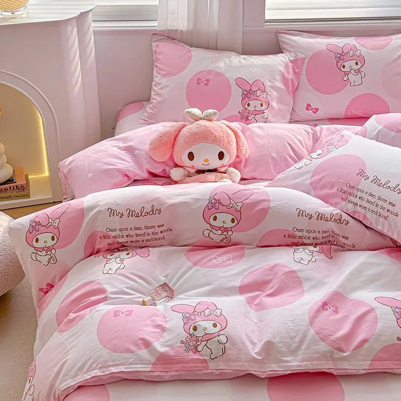 Kuromi Cinnamoroll My melody Hello Kitty Fashion Simple Cartoon Print Pure Cotton Bed Sheets and Quilt Covers Three Piece Set