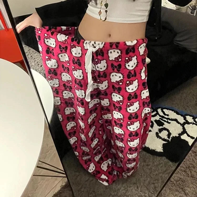 Sanrio Hello Kitty Pajamas Pants Black Pink Anime Flannel Women Warm Woolen White Cartoon Casual Home Pant Autumn Grils Trousers