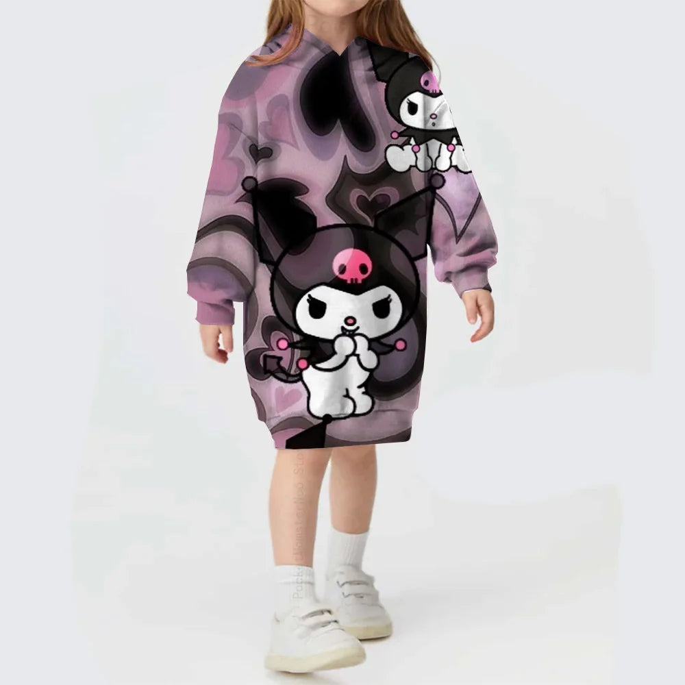 Toddler Kids Hello Kitty Kuromi print Hoodies Dresses for Girls Loose Casual Long Dress Infant Children O Neck Outfits Dress