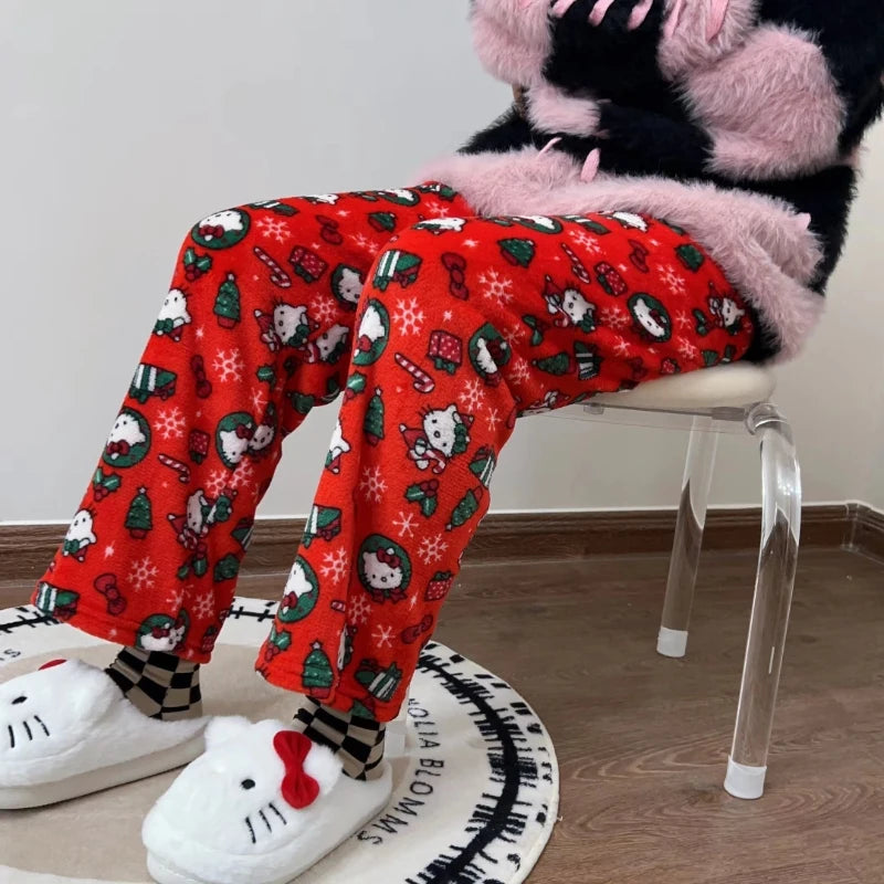 Hello Kitty Christmas Pajamas Pants Anime Sanrio 2024 New Flannel Men Women Winter Casual Trousers Ladies' Home Loose Pajamas