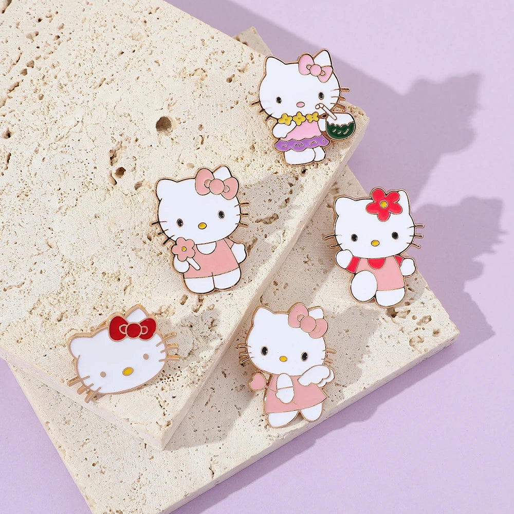 5 Pcs Cartoon Character Brooch Cute Hello Kitty Enamel Pin Backpack Clothing Jewelry Metal Badge Accessories Gift for Friend