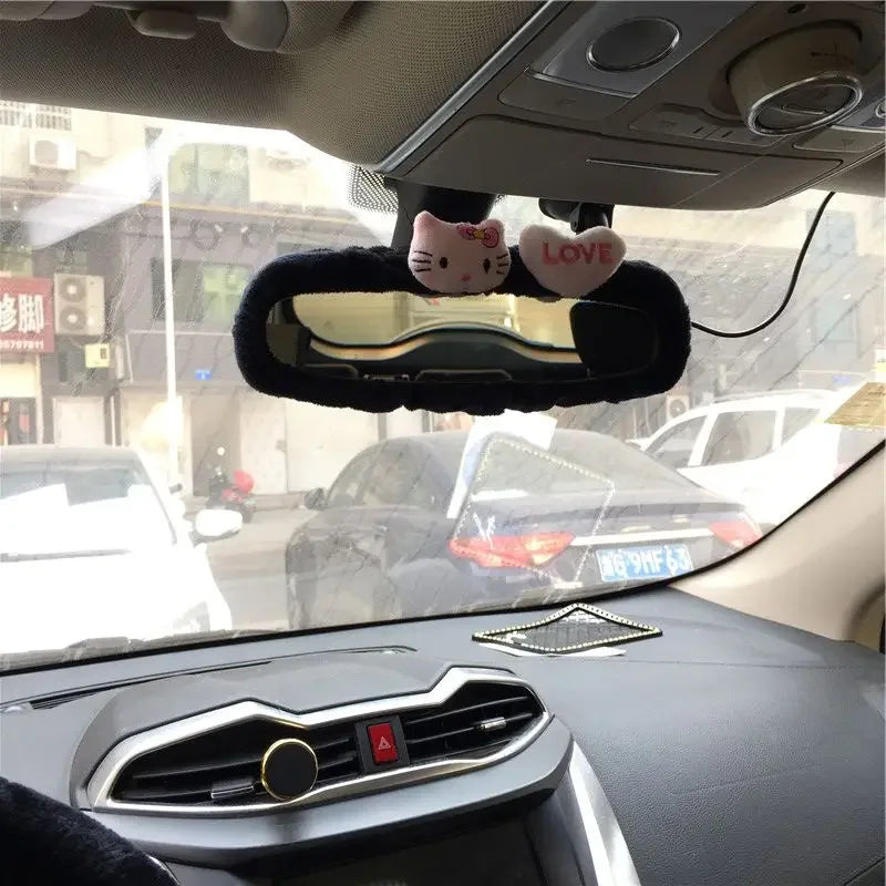 Hello Kitty Car Rearview Mirror Cover Cartoon Flannel Auto Rear View Mirror Decoration Automotive Interior Accessories